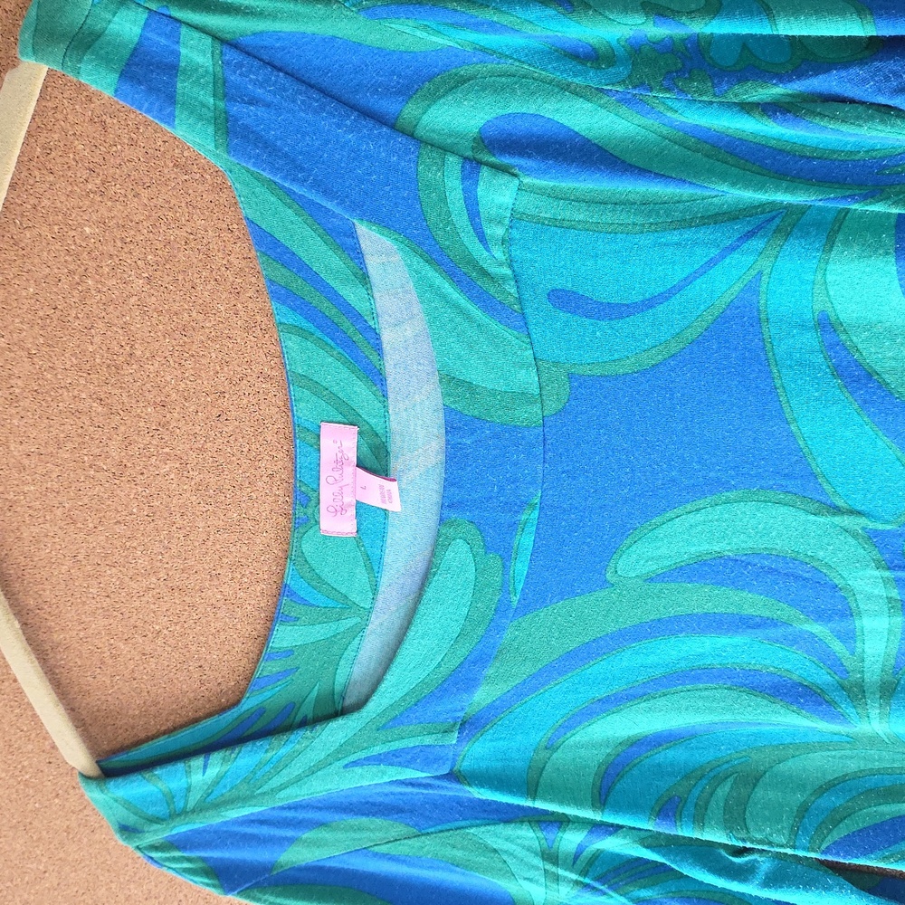 Lilly Pulitzer Blue Green Floral Dress L  3/4 Sleeve Casual Shift Dress - Picture 3 of 13